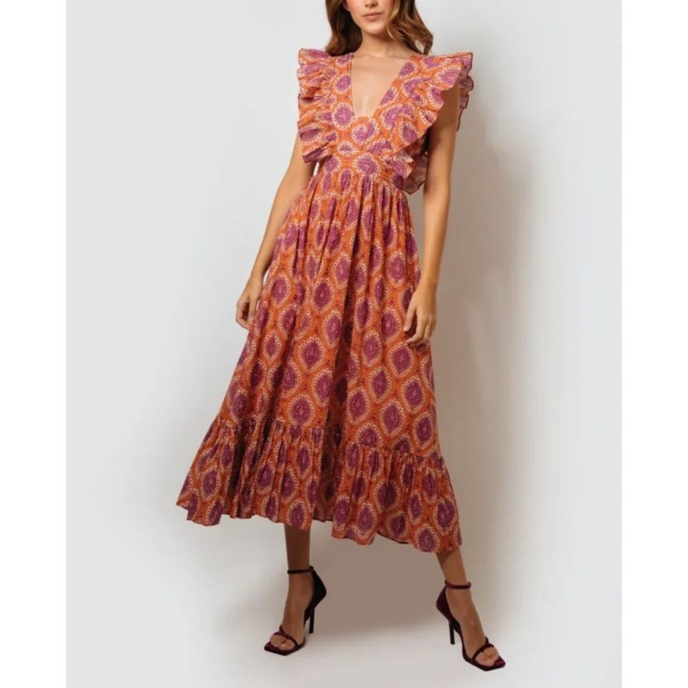 KLEID For Her Ruffled Midi Dress XS Womens Boho Floral Deep V Neck Pockets